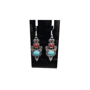 Ornate red & light blue boho dangly earrings